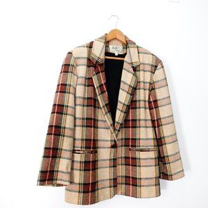 VINTAGE Plaid Blazer Women Large Wool Jacket Beige Scottish Coat Notch USA Billi